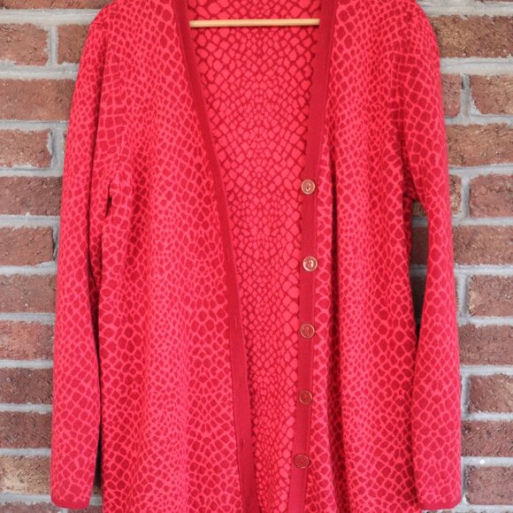 Isaac Mizrahi Live! Womens Long Button Down V Neck Red Reptile Cardigan Size L - Picture 4 of 14